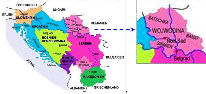 Bild 1 - Landkarte des ehemaligen Jugoslawien mit Serbien und der Vojvodina (im Jahr 2006).